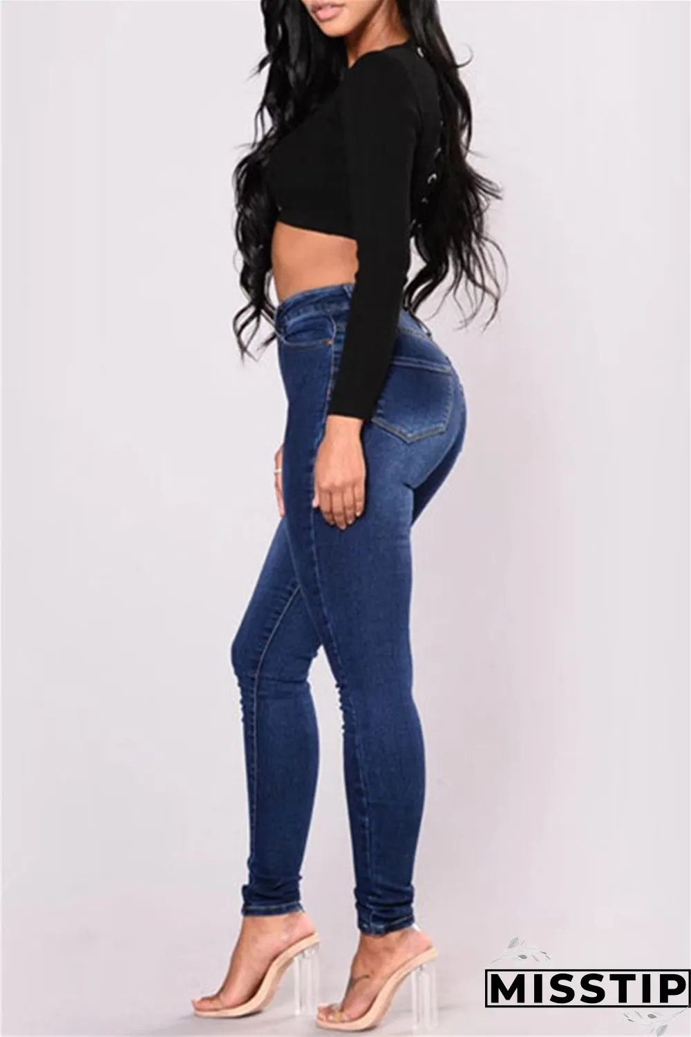 Deep Blue Fashion Casual Solid Basic High Waist Skinny Denim Jeans