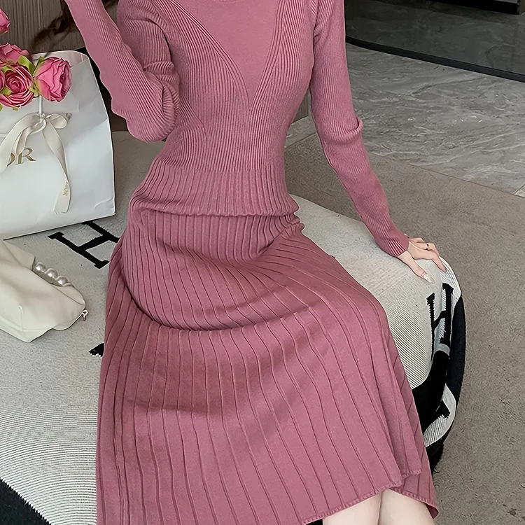 Solid Knitted Pleated Hem Dress, Elegant Long Sleeve Crew Neck Dress, Women's Clothing