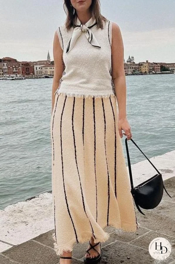 Striped Fringed Knitted Skirt