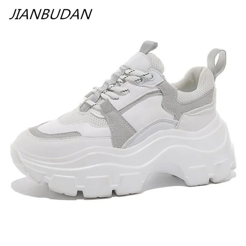 JIANBUDAN Sneakers Women Spring women&#39;s sneakers Height Increasing white black autumn Chunky Shoes Breathable Leisure Shoes