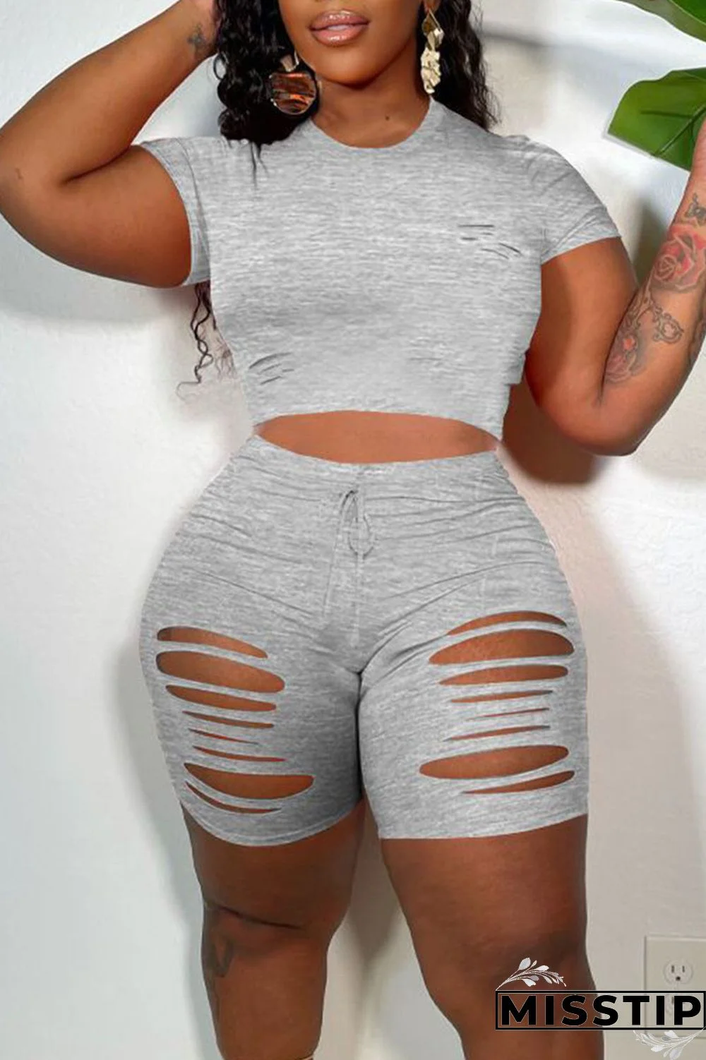 Black Casual Solid Ripped Patchwork O Neck Short Sleeve Two Pieces