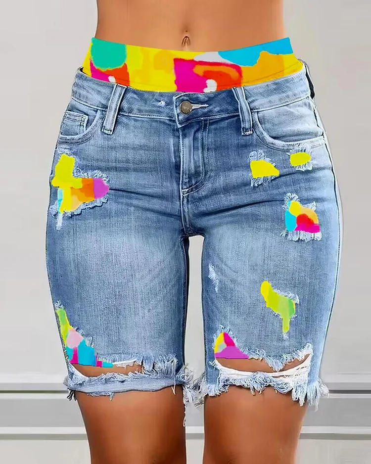 Tie Dye Print Ripped Denim Shorts
