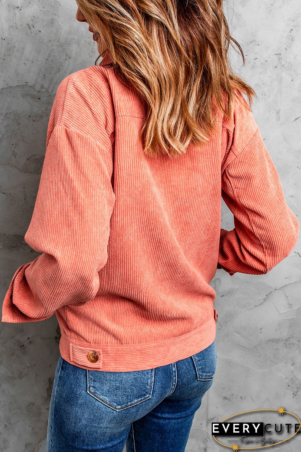 Pink Ribbed Corduroy Long Sleeve Jacket with Pocket
