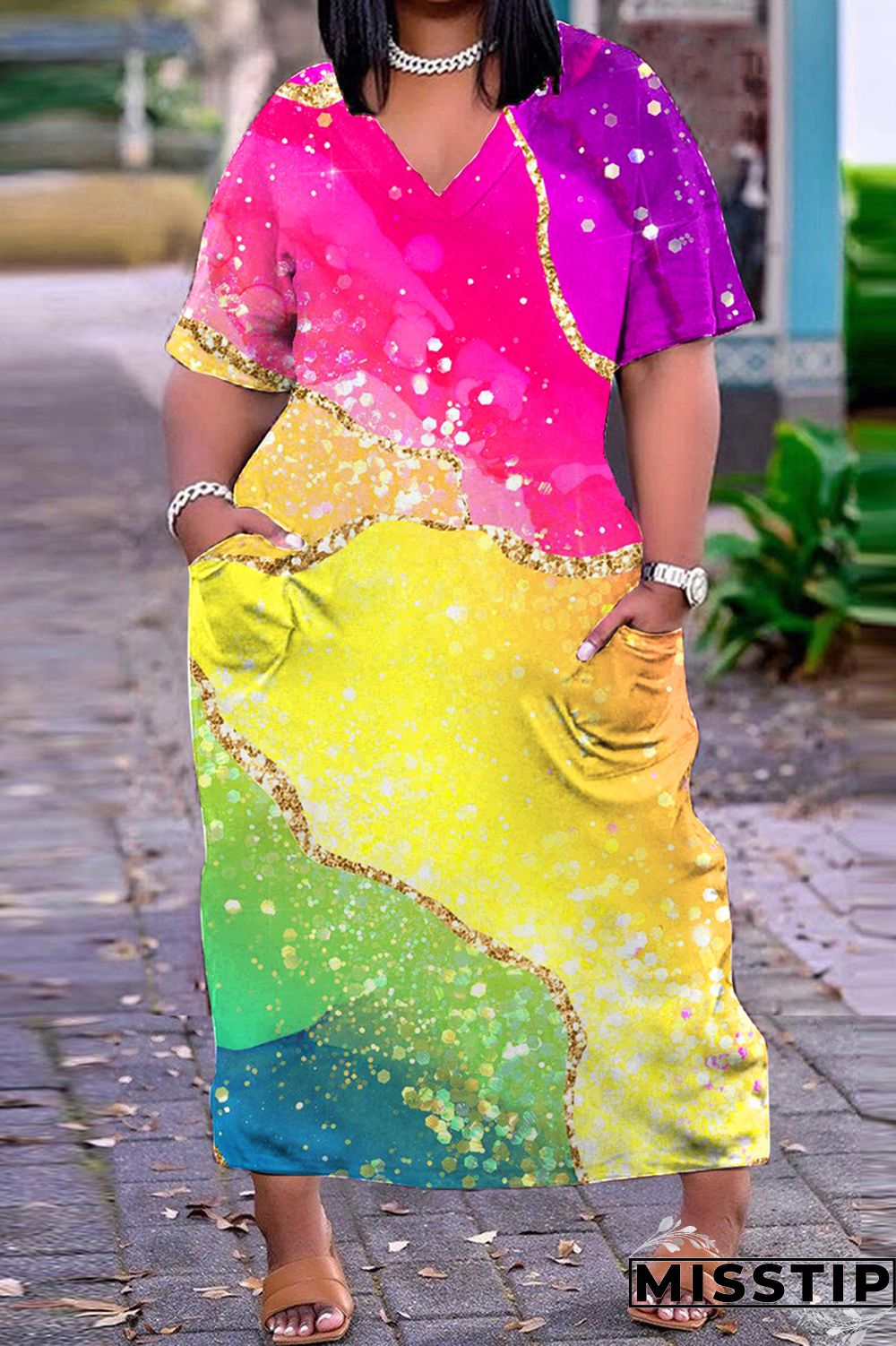 Dark Blue Casual Print Patchwork V Neck Short Sleeve Dress