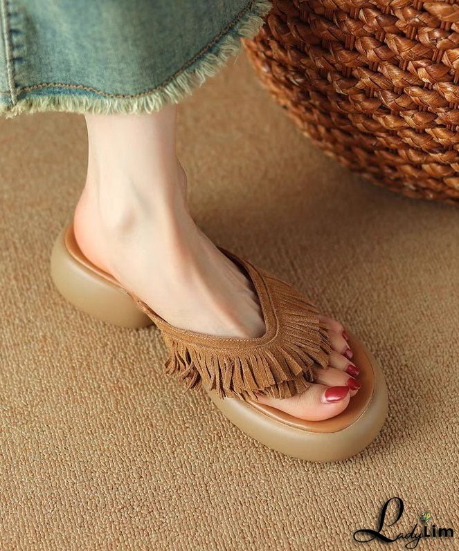 Brown Chunky Suede Boutique Tassel Splicing Slide Sandals
