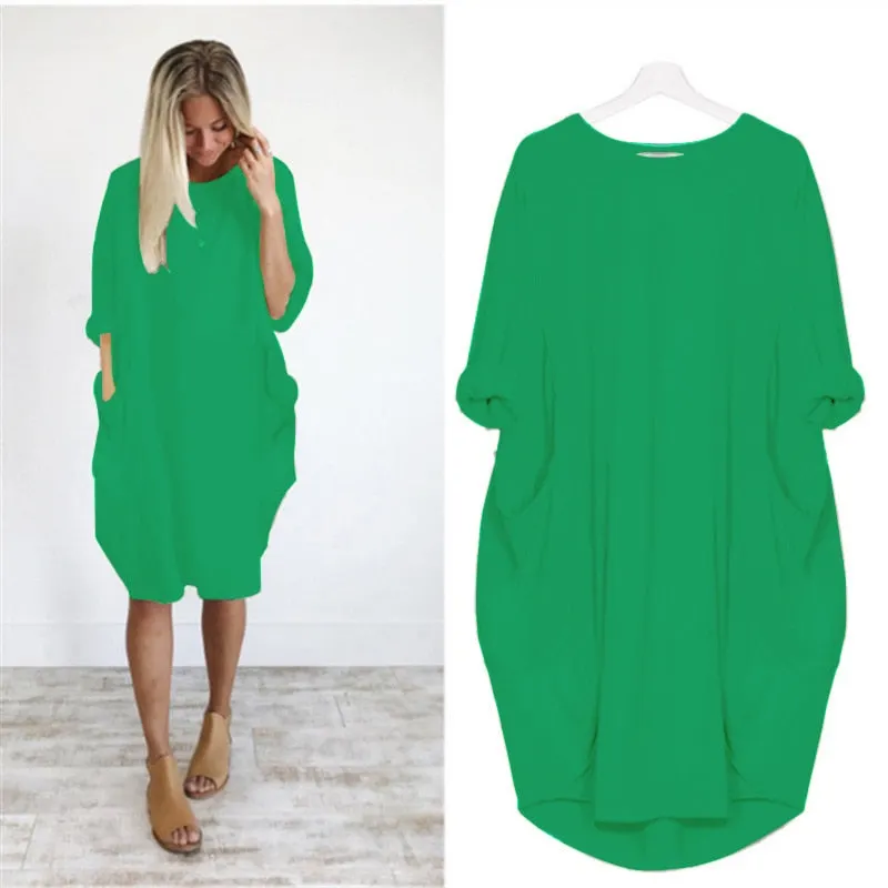Autumn Solid Color Dress Women 2021 Fahsion Pocket O Neck Long Sleeve Loose Vintage Dresses Female Plus Size Casual Midi Dress