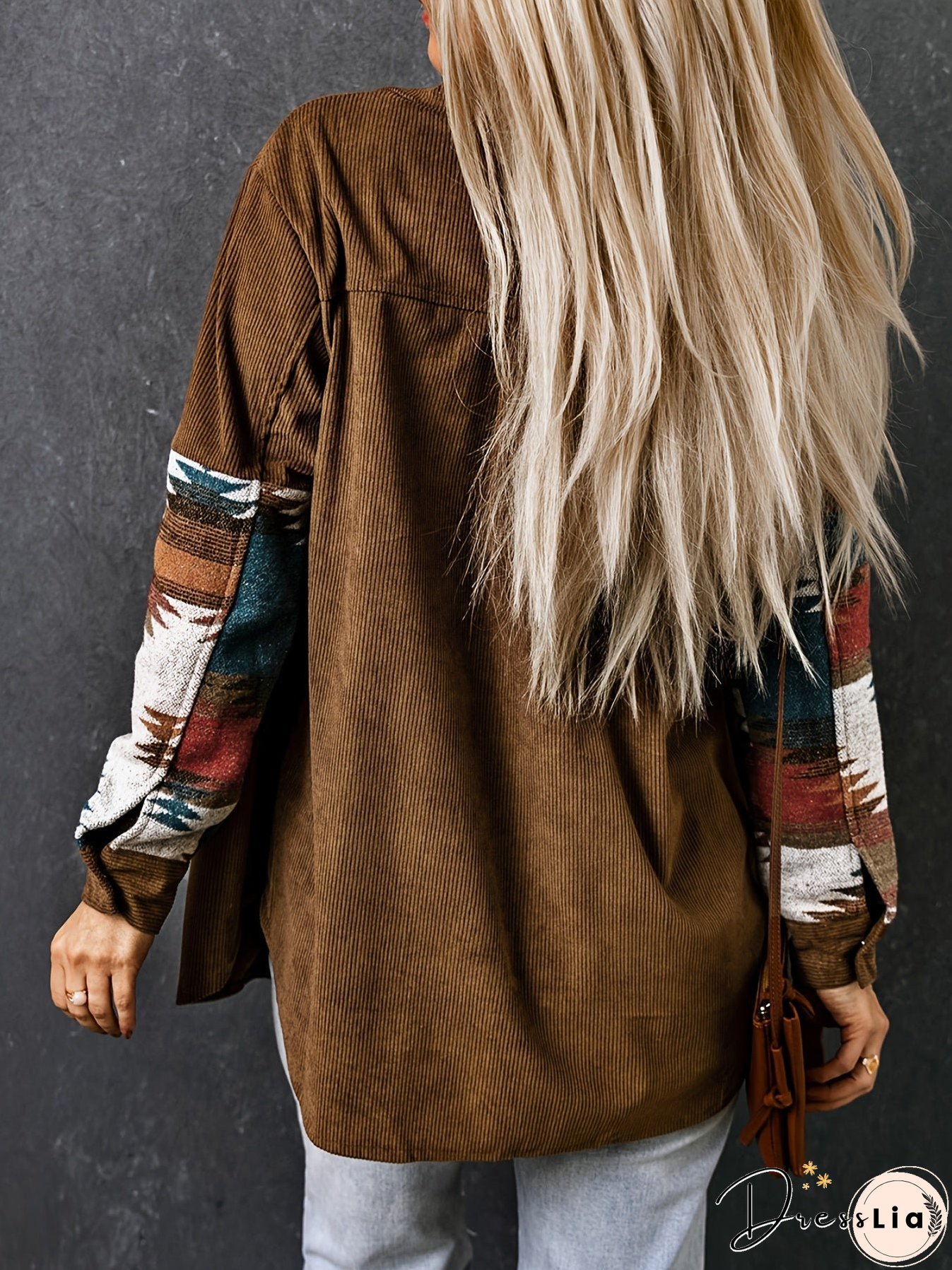 Aztec Pattern Color Block Jacket, Vintage Patched Pocket Corduroy Outwear For Fall & Winter, Women's Clothing