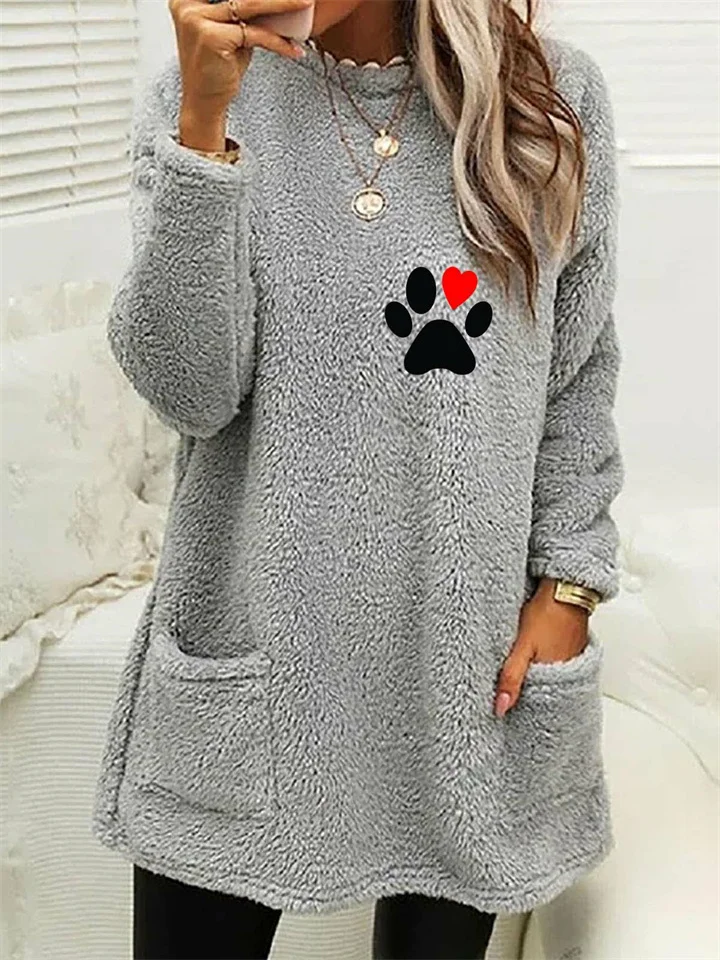 Women's new fall and winter loose long-sleeved red love footprint print double-sided velvet pocket round neck sweater-Cosfine