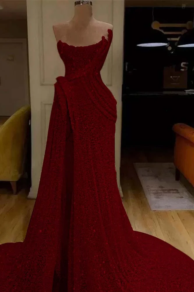 Mermaid Strapless Olive Green Split Satin Prom Dresses LBQ3536