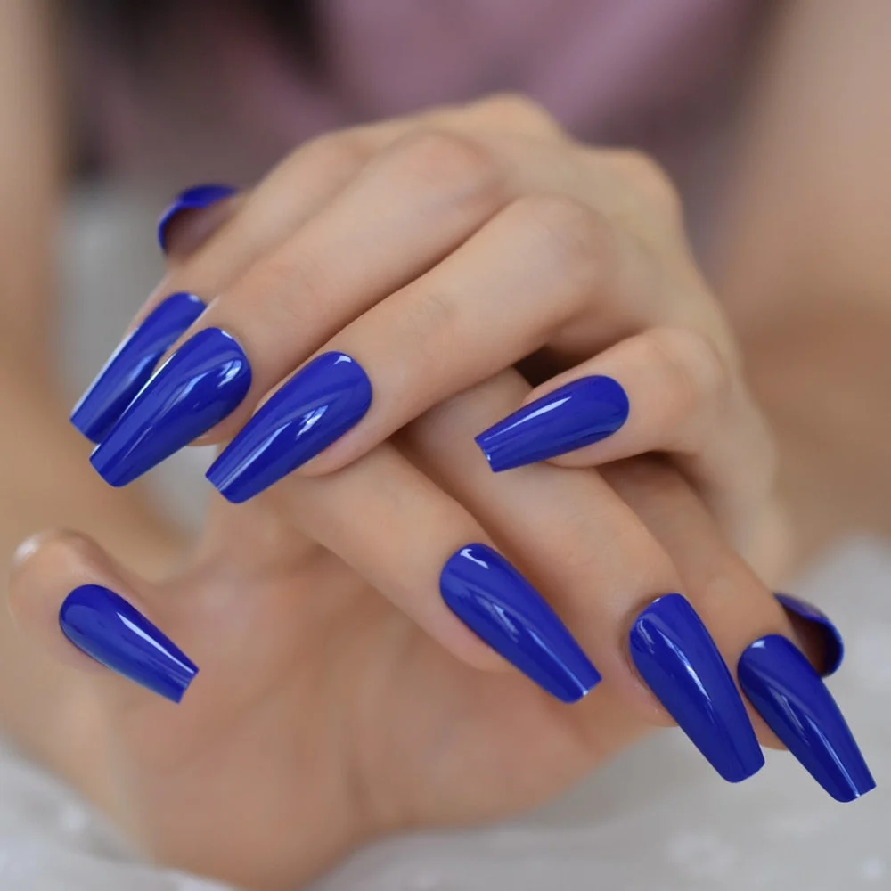 Gorgeous Diamond Blue Fake Nails Long Ballerina Shape Gelnails Thick Reusable Artificial Nail Art Tips 24-Nail Inspo