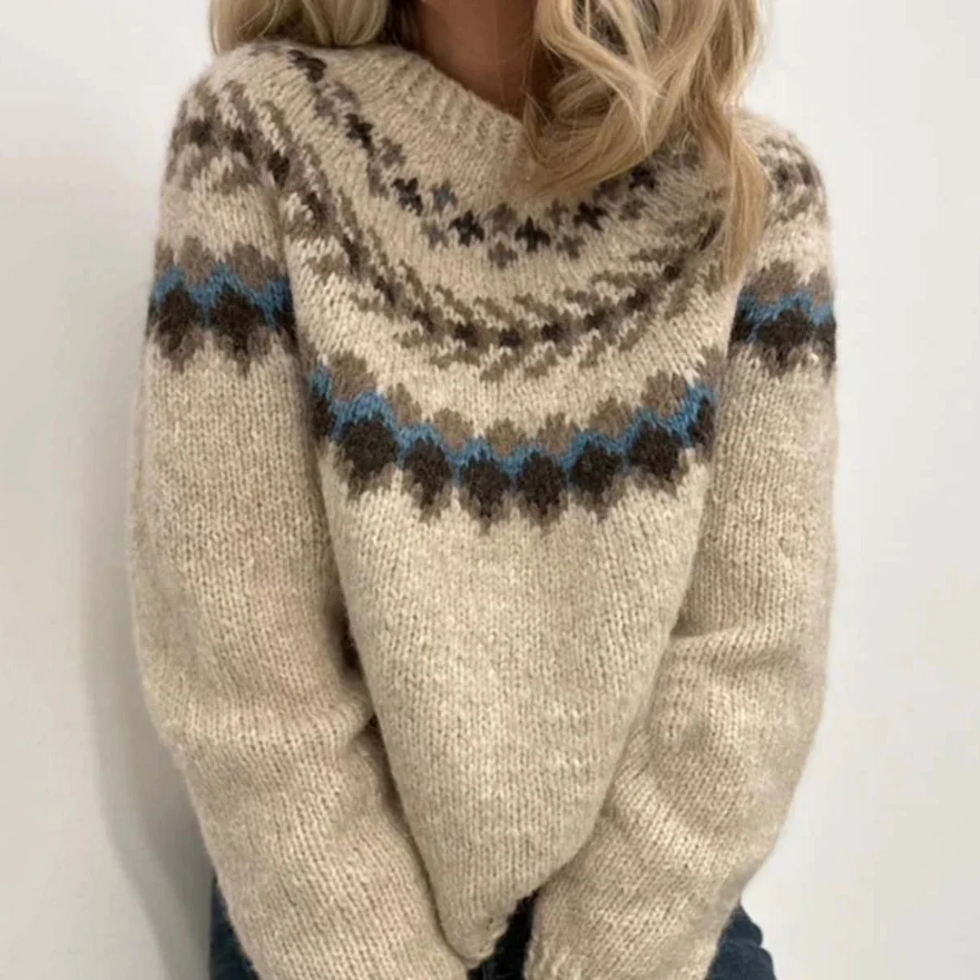 Vintage Contrast Color Block Braided Crew Neck Sweater