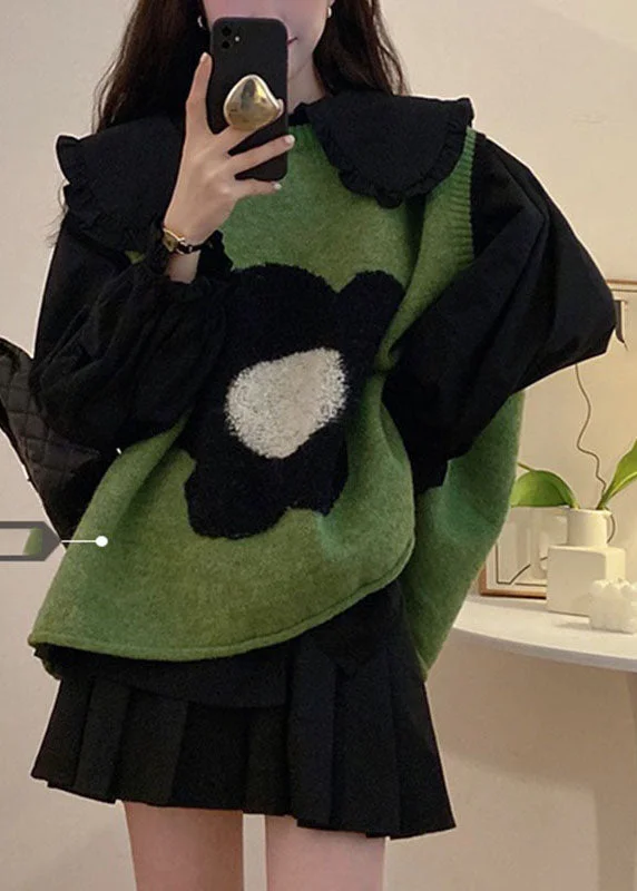 Women Green Floral Cotton Knit Waistcoat Black Shirts And Pleated Skirt Three Pieces Set Long Sleeve