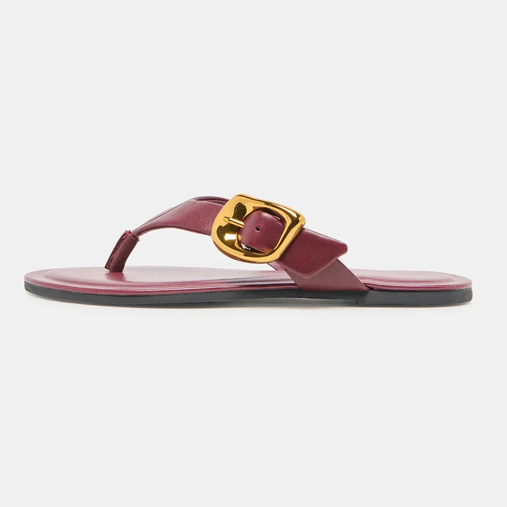 Casual Burgundy Open Round Toe Buckle Decor Flip Flops for Women