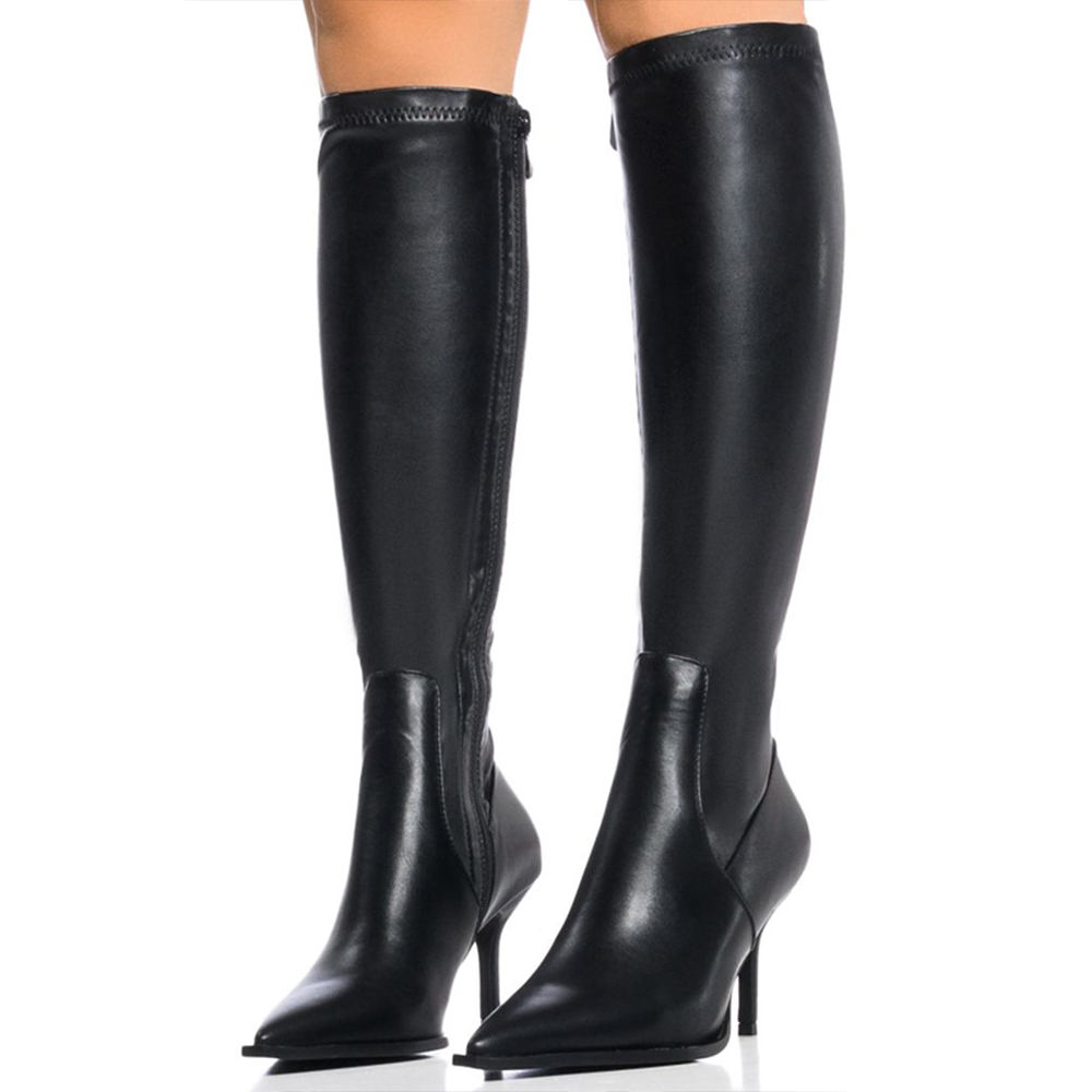Black Closed Toe 4'' Stiletto Heel Knee High Winter Boots Nicepairs