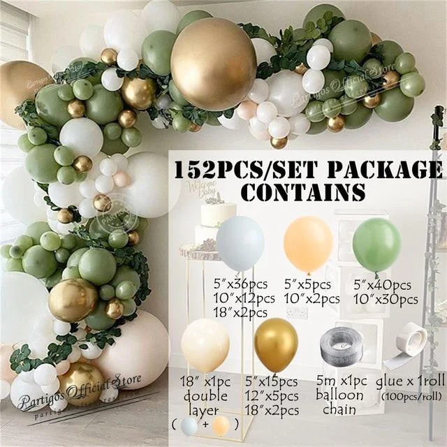 152Pcs Avocado Green Balloons Garland Arch Kit Retro Green Chorme Gold Latex Globos Birthday Valentine Wedding Party Decors