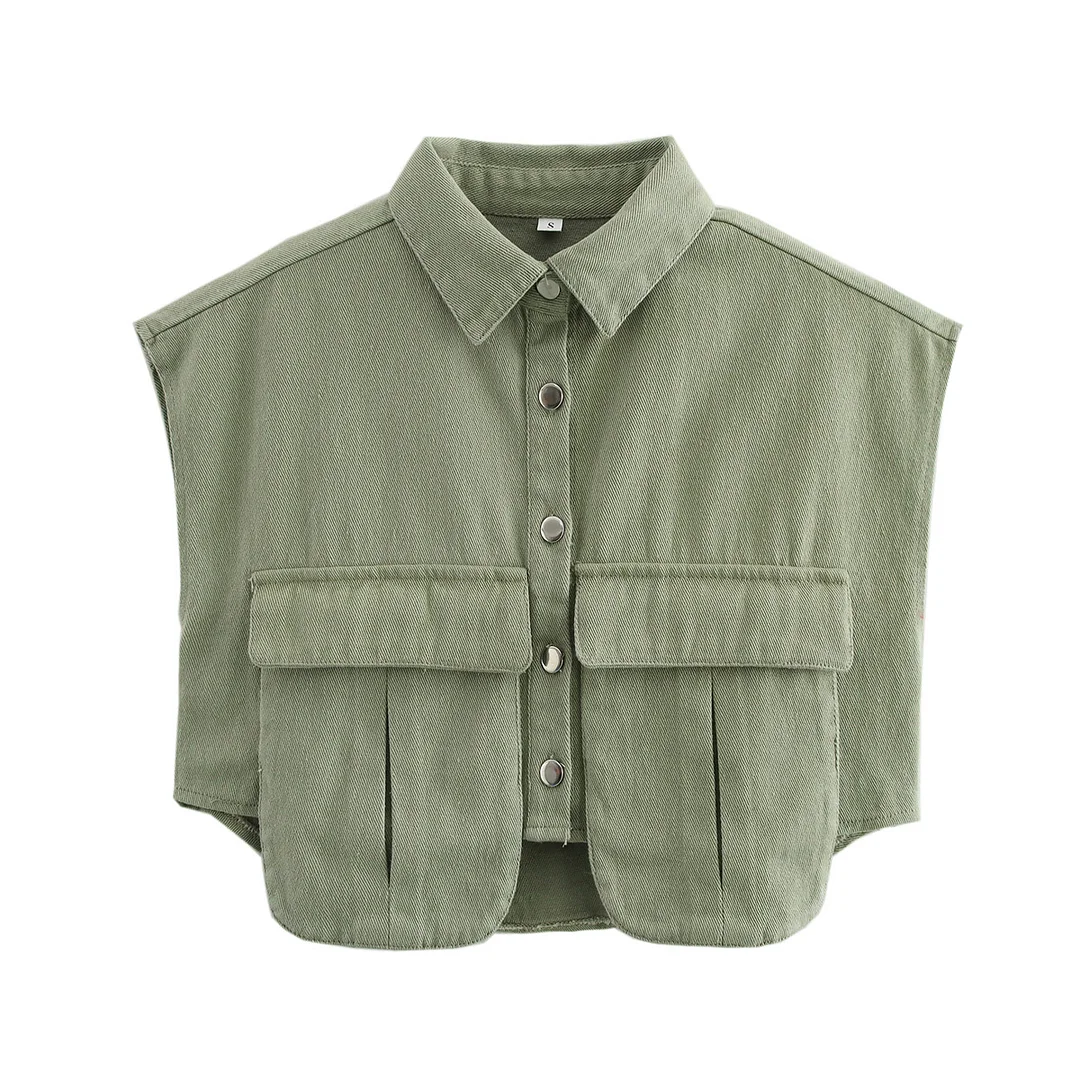 Nigikala Nigikala Women's Solid Color Big Pocket Sleeveless High Sense Cardigan Polo Collared Shirt Denim Top A19846