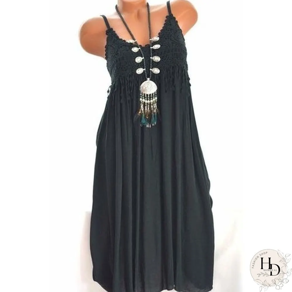 New Fashion Casual Women Printing Sleeveless Sun Dress Floral Print Tunic Stitching Lace