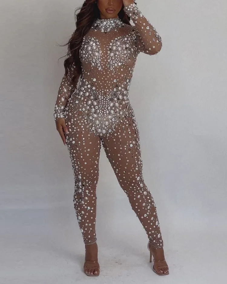 Ally Rhinestone Mesh Jumpsuit