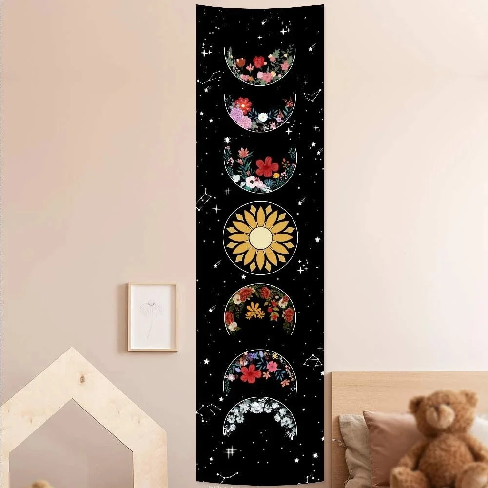 Psychedelic Moon Phase Tapestry Black and White Wall Hanging Moon Floral Throw Blanket Home Decor Wall Hanging Bohemian Wall