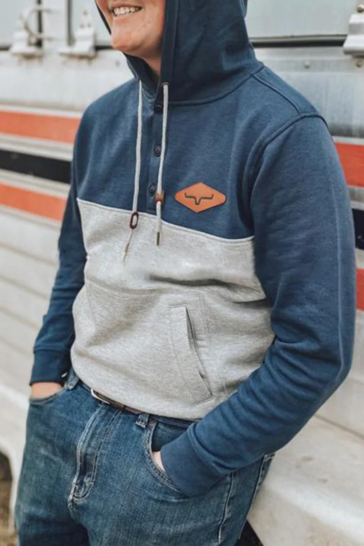 Open Button Hood Contrast Casual Hoodie