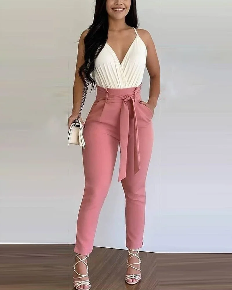 Summer Women 2 Pieces Plain Ruched Top & Floral Print Pants Colorblock Set With Belt 2022 Femme Casual Outfits y2k Overalls