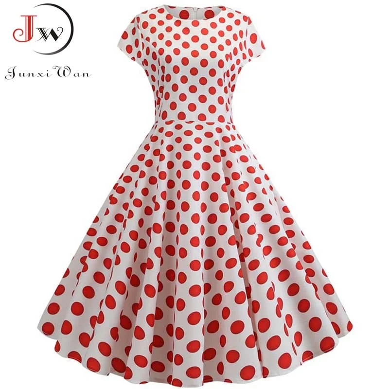 Short Sleeve Polka Dot Summer Dress Women White Elegant A-line Midi Party Dress Vestidos 50s 60s Rockabilly Vintage Dress