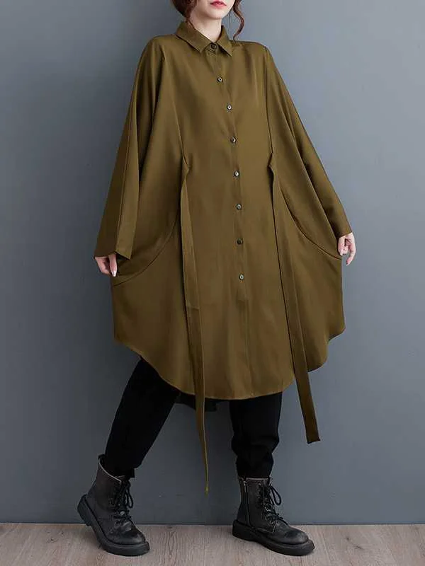 Buttoned Pleated Solid Color Split-Joint Tied Batwing Sleeves Long Sleeves Lapel Outerwear Midi Dresses