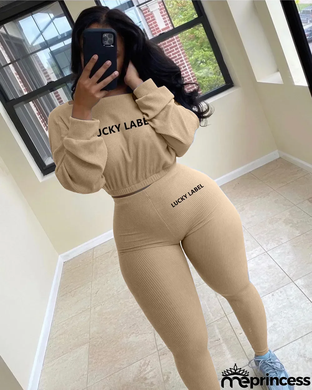 Plus Size Letter Long Sleeve 2 Piece Pants Set