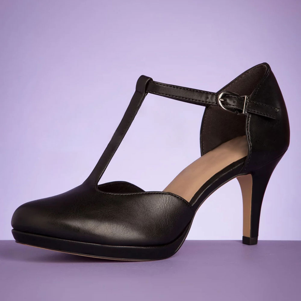 Black Vegan Lather Round Toe 3'' Stiletto Heel T-Strap Platform Pumps Nicepairs