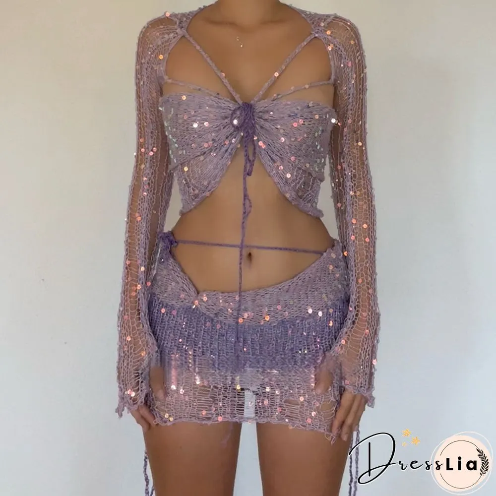 Sexy Sequin Knitted Sweater Three Piece Skirt Sets
