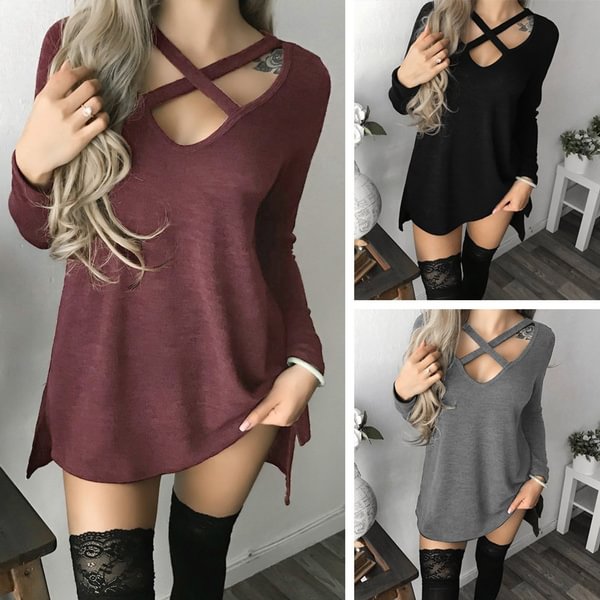 Women Spring Summer Fashion Long Sleeve Tops Black Casual Knitted Sweater Dresses Ladies Fashion Loose Mini Dress Pure Color Cotton Shirt Sexy Deep V-Neck Slim Fit Waist Bodycon Club Wear Knit Slit Party Robe Chic FemmeT-shirt - BlackFridayBuys