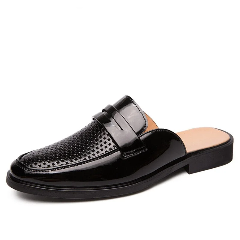 FIXSYS Fashion Half Shoes for Man Patent Leather Mules Hollow Breathable Penny Loafer Men Half Slippers Lightweight Casual Shoes