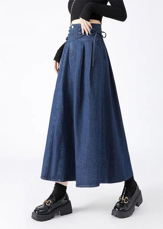 Fashion Navy Patchwork Tie Waist Denim Maxi Skirts Spring