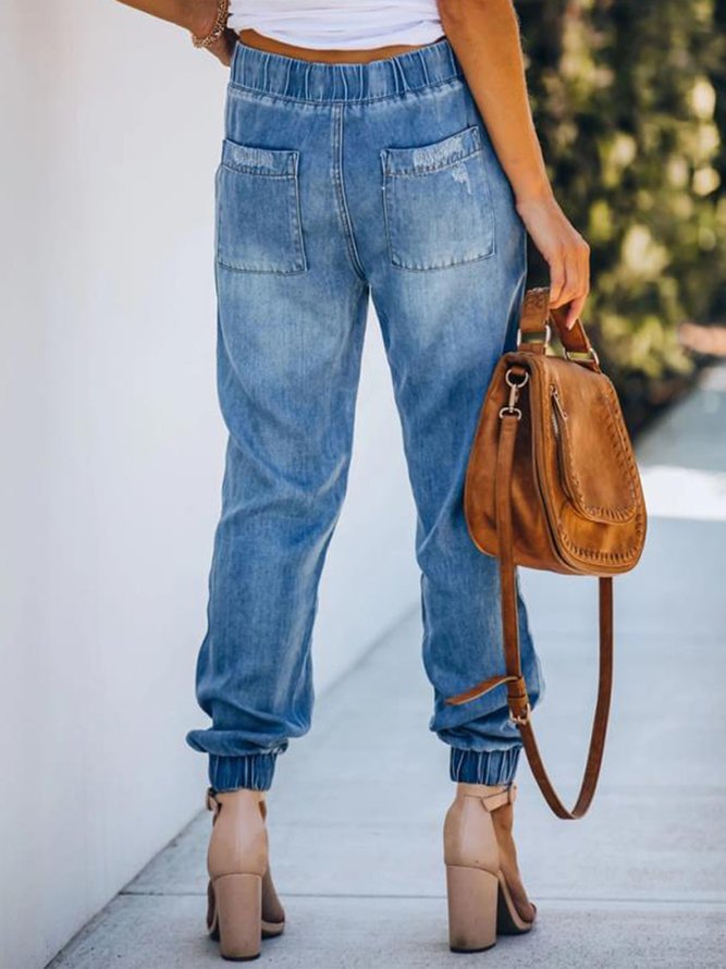 Lightblue Casual Denim Ripped Pants