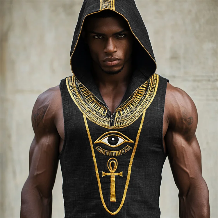Men's Eye Of Horus Ankh Ancient Egyptian Hooded Linen Tank