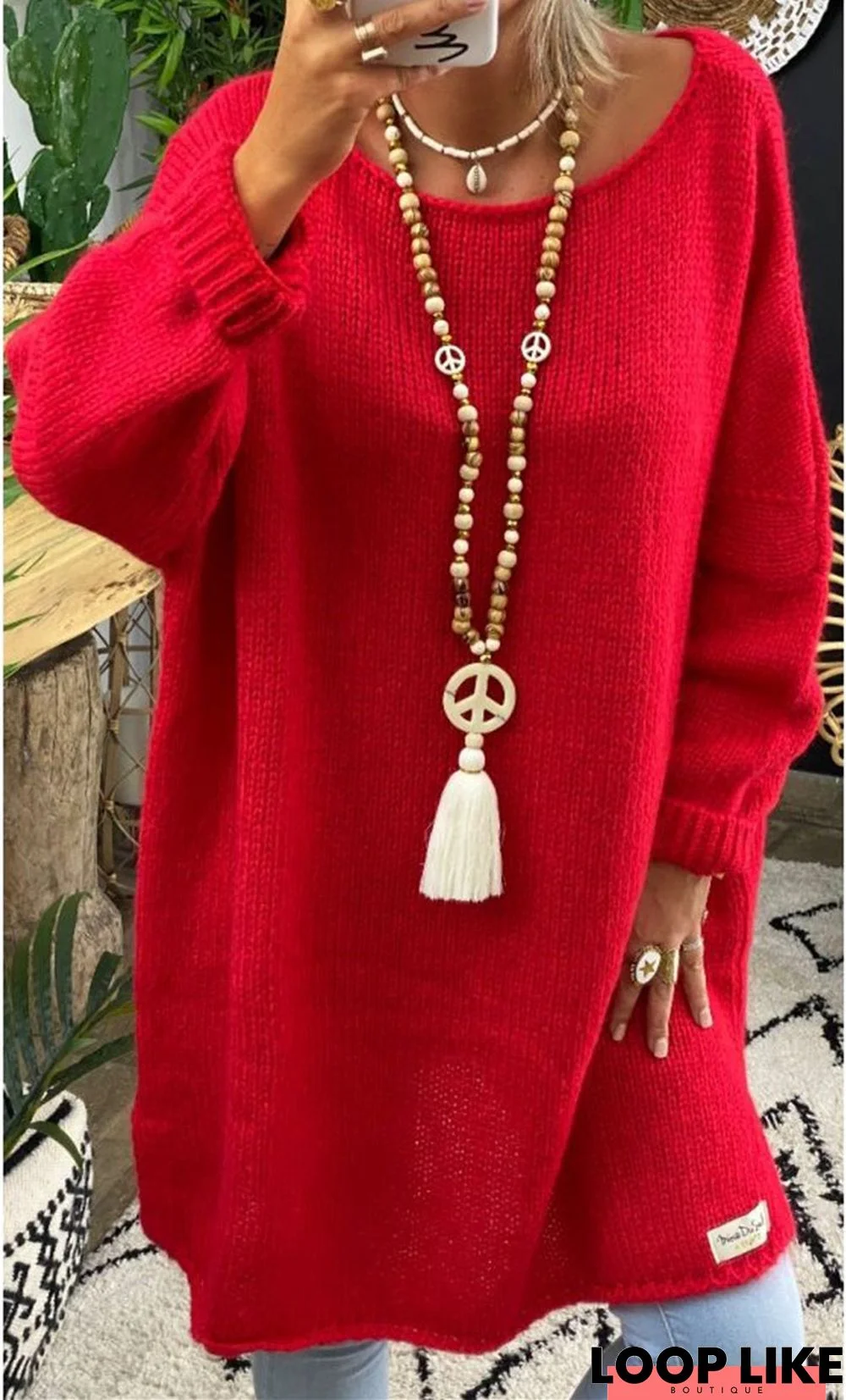 Drop Shoulder V-Neck Knitted Sweater Dresses