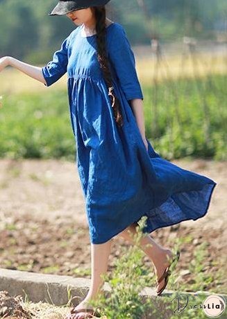 Simple O Neck Patchwork Summer Tunic Blue Vestidos De Lino Dress