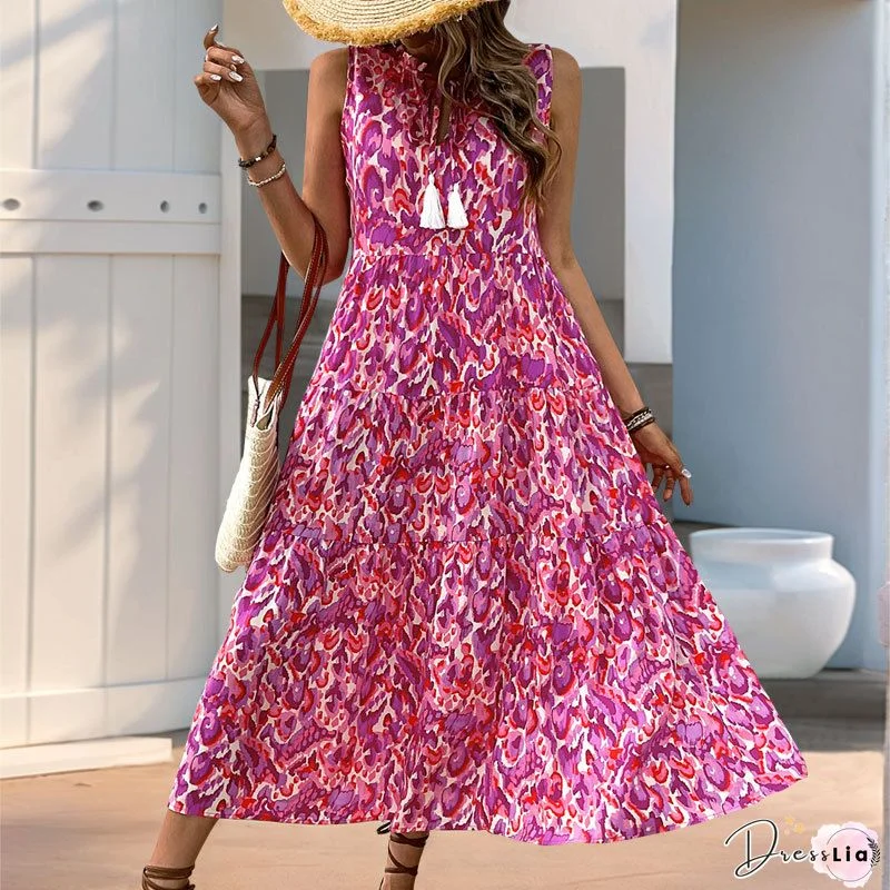 Bohemian V-Neck Printed Gathered Waist Midi Dress