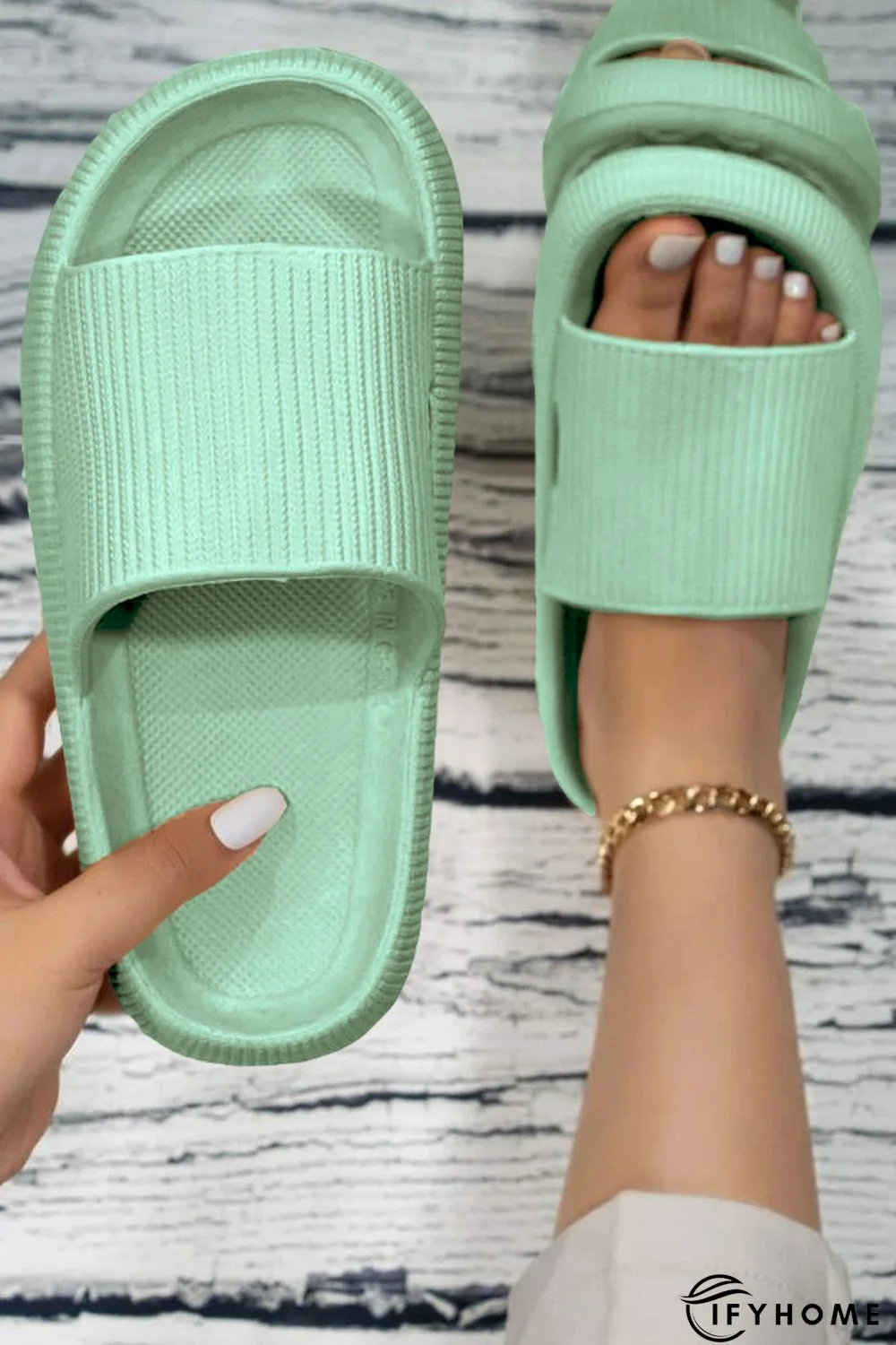 Green Hollow-out Thick Soled Slip On Slippers | IFYHOME