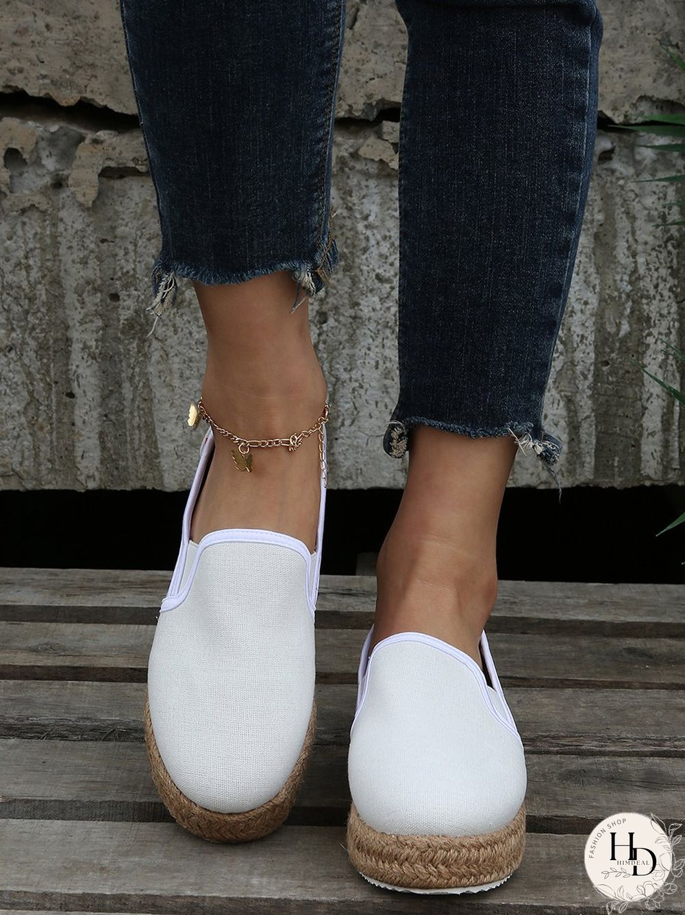 Black White Canvas Straw Platform Loafers