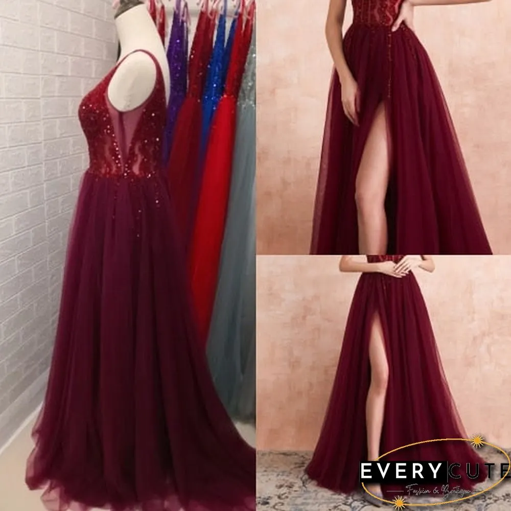 Light Gray Prom Dress Long Neck High Split Tulle Sweep Train Evening Gown A-Line Backless