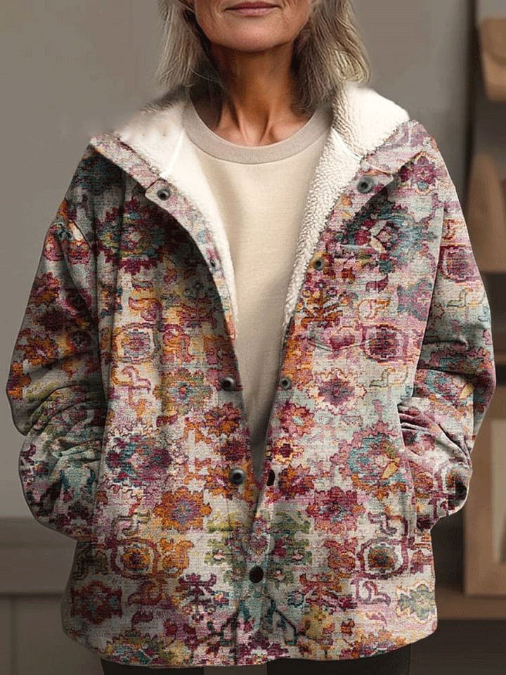 Women's Vintage Ethnic Floral Art Print Waffle Plush Thick Long-Sleeved Hooded Coat