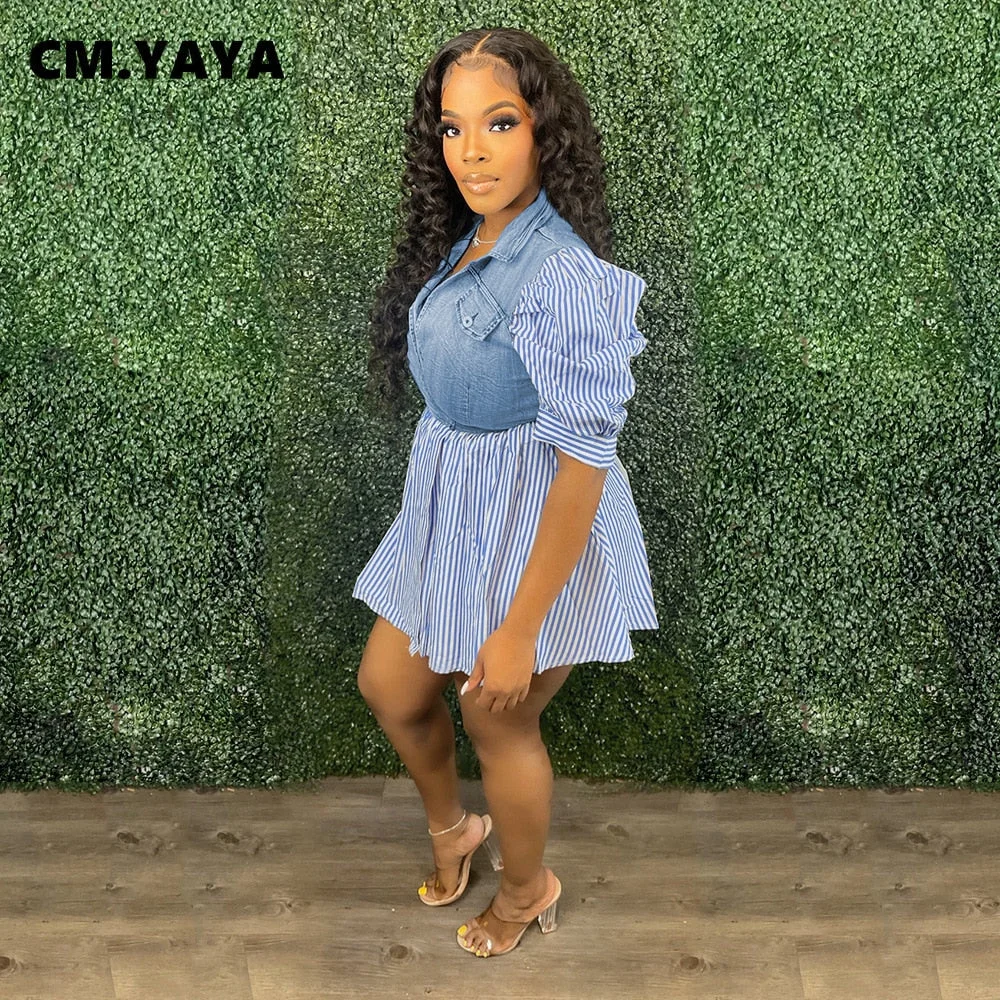 CM.YAYA Striped Denim Patchwork Puff Short Sleeve Big Swing Dress for Women 2022 Summer Street Elegant Smock Dresses Vestidos