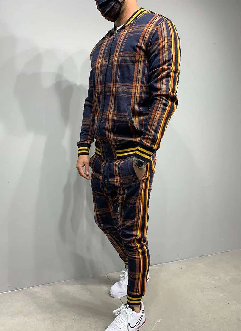 Men's Plaid Cardigan Jacket Trousers Sports Suit