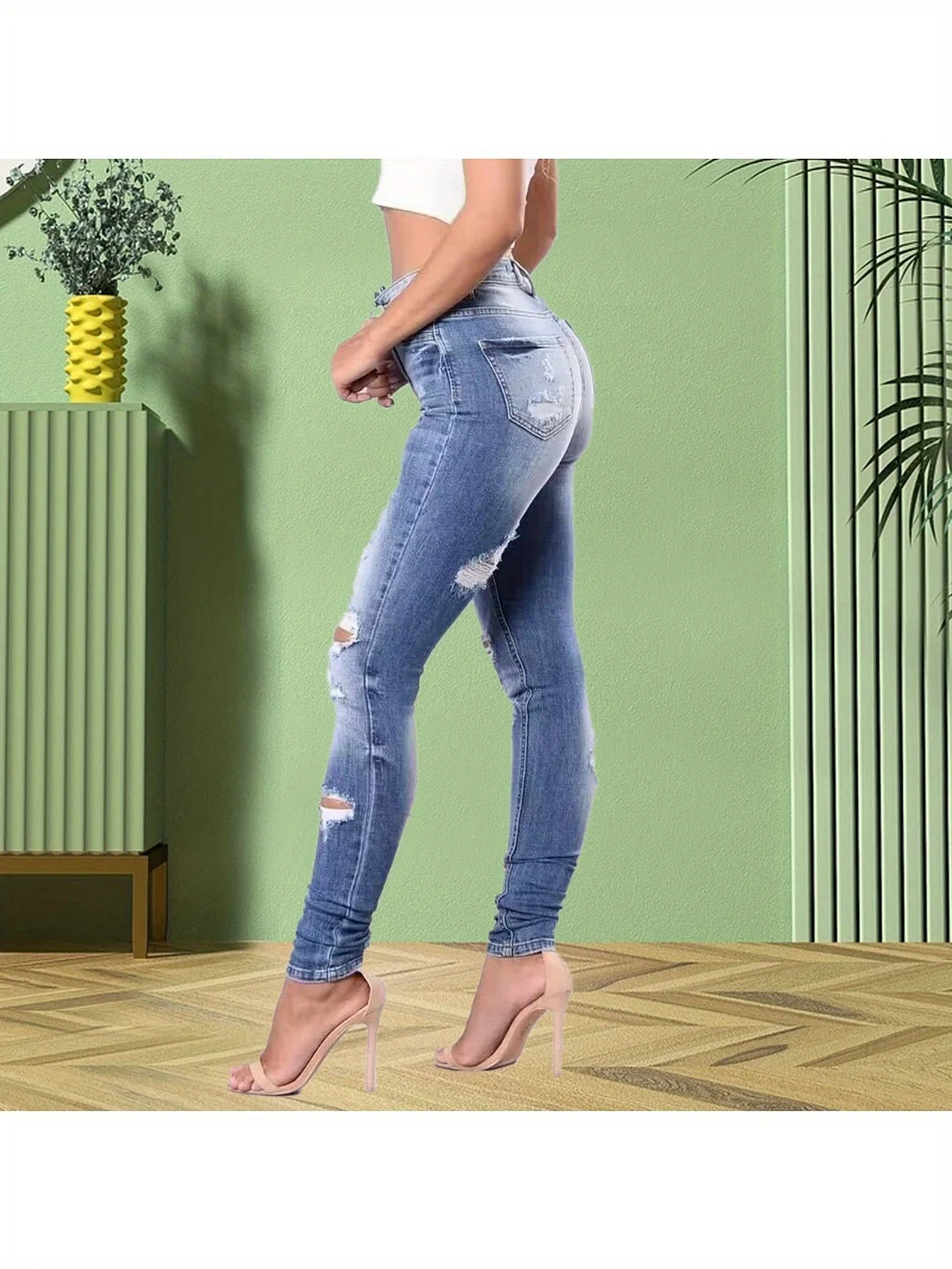 Women's High Waist Stretch Skinny Jeans - Distressed Ripped Denim Pants With Slim Fit, Machine Washable & Comfort Stretch Fabric For Trendy Street Style Spring/Summer), Summer Clothing, Durable Denim, Casual Wear, Comfortable Fit, Streetwear Lover | IFYHOME