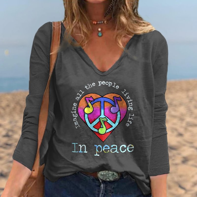 Heart Musical Note Imagine All The People Living Life In Peace Printed Hippie T-shirt