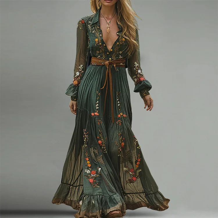 Shirt Collar Lantern Sleeve Button Tiered Floral Print Maxi Dress