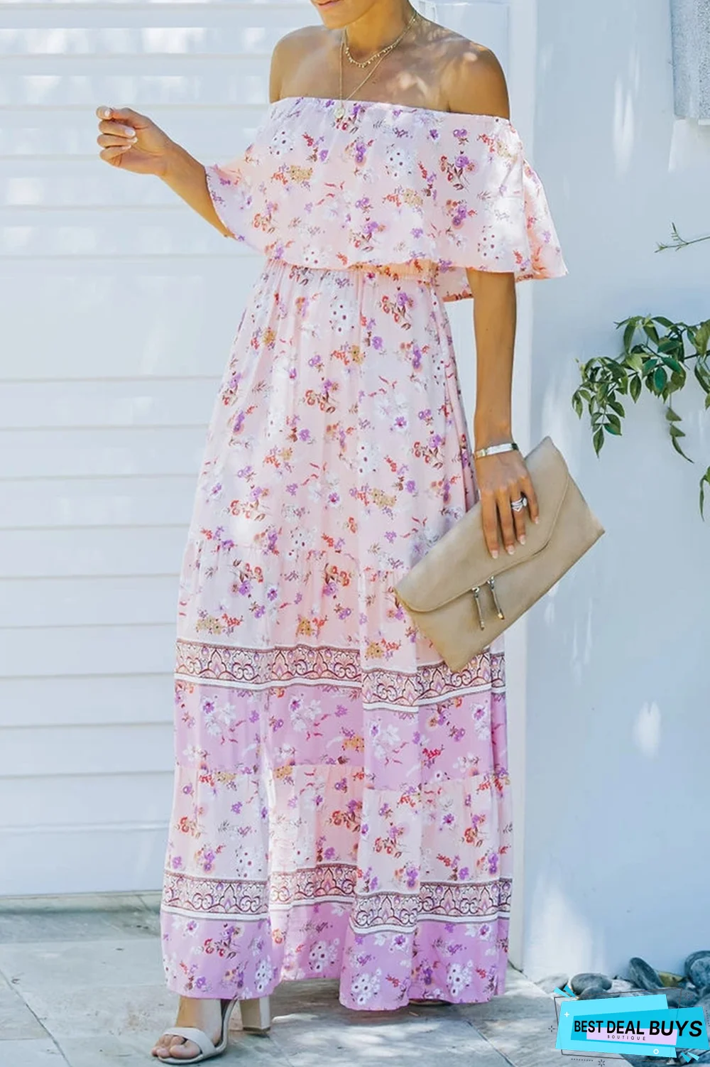 Fashion Street Print Off the Shoulder A Line Dresses(6 Colors)