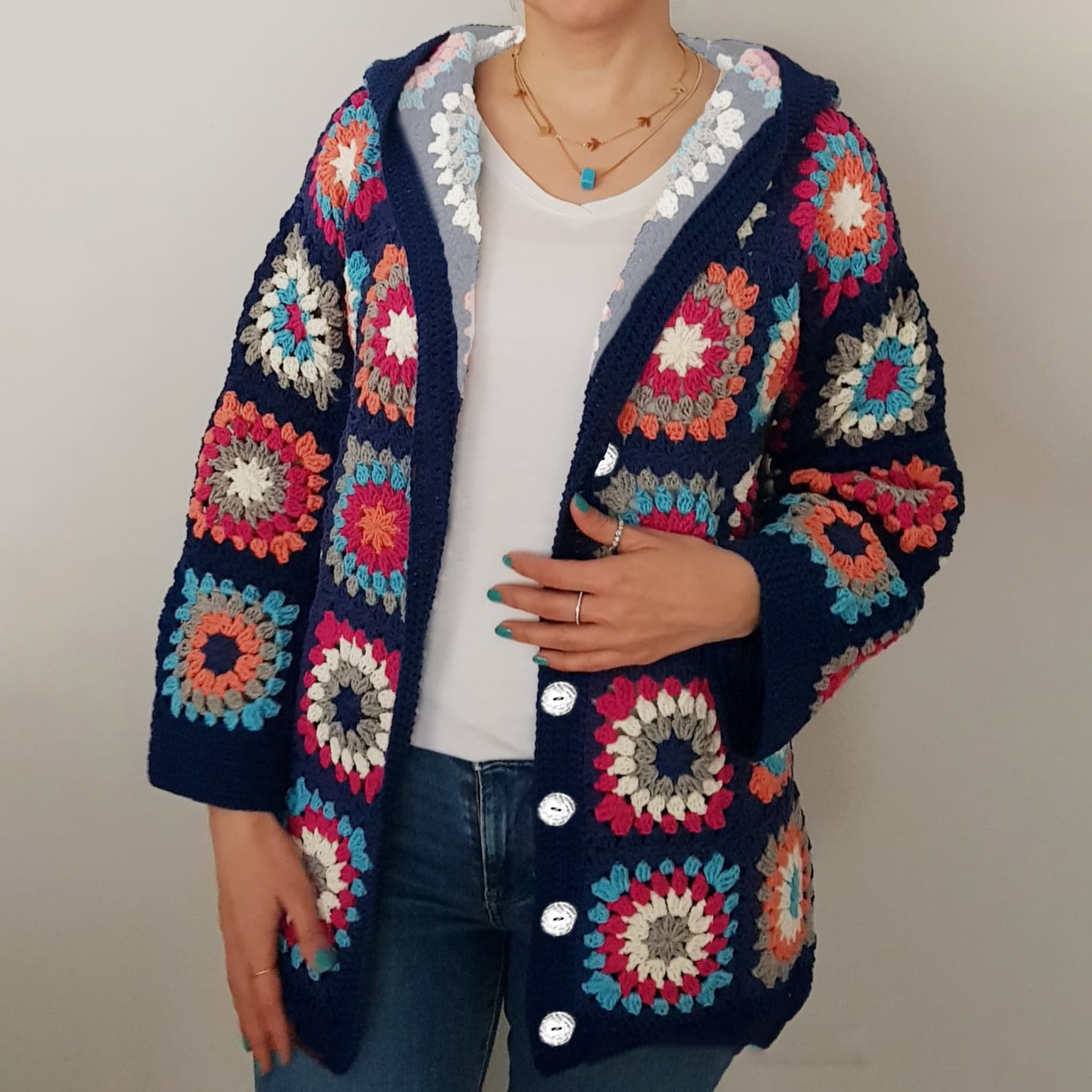 Vintage Crochet Floral Button Hooded Sweater