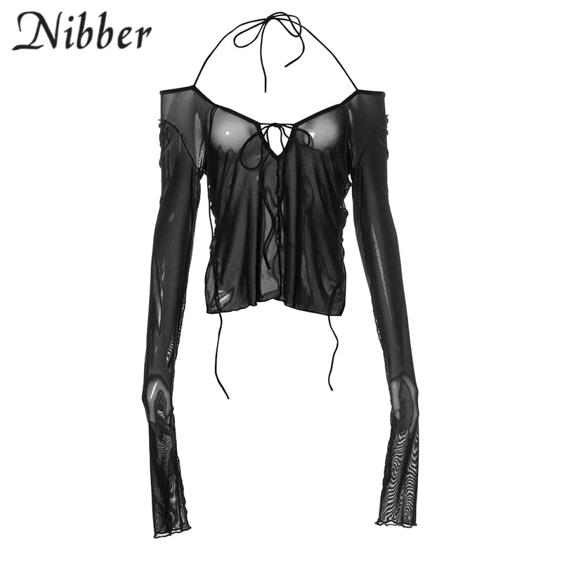 Nibber Mesh See Through Women Crop Tops Summer Shoulderless Long Sleeves V Neck Halter Tops 2021 Female Praty Nightclub T-Shirt